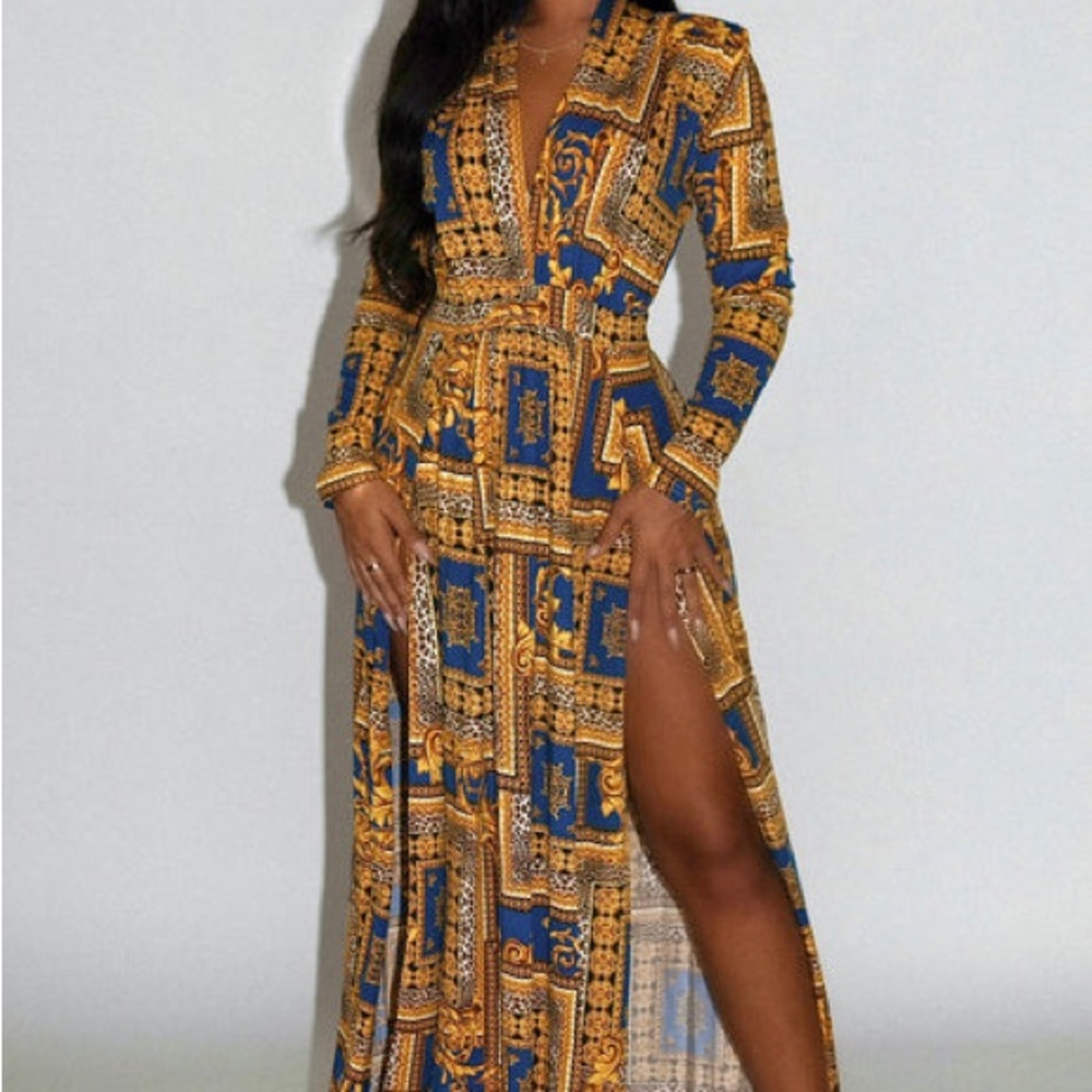 Fashion Nova Blue and Gold Patterned Maxi Dress - Picture 3 of 13